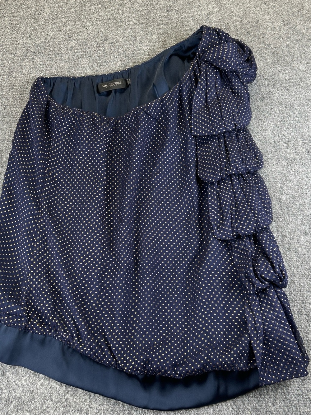 MM couture by Miss Me women’s small one shoulder top navy with gold 100% Silk